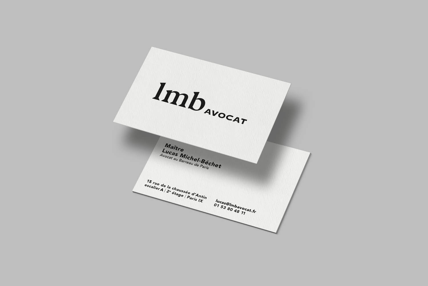 Les cartes de visites de l'avocat Lucas Michel-Bechet, avocat au bareau de Paris, design jean-charles abrial
