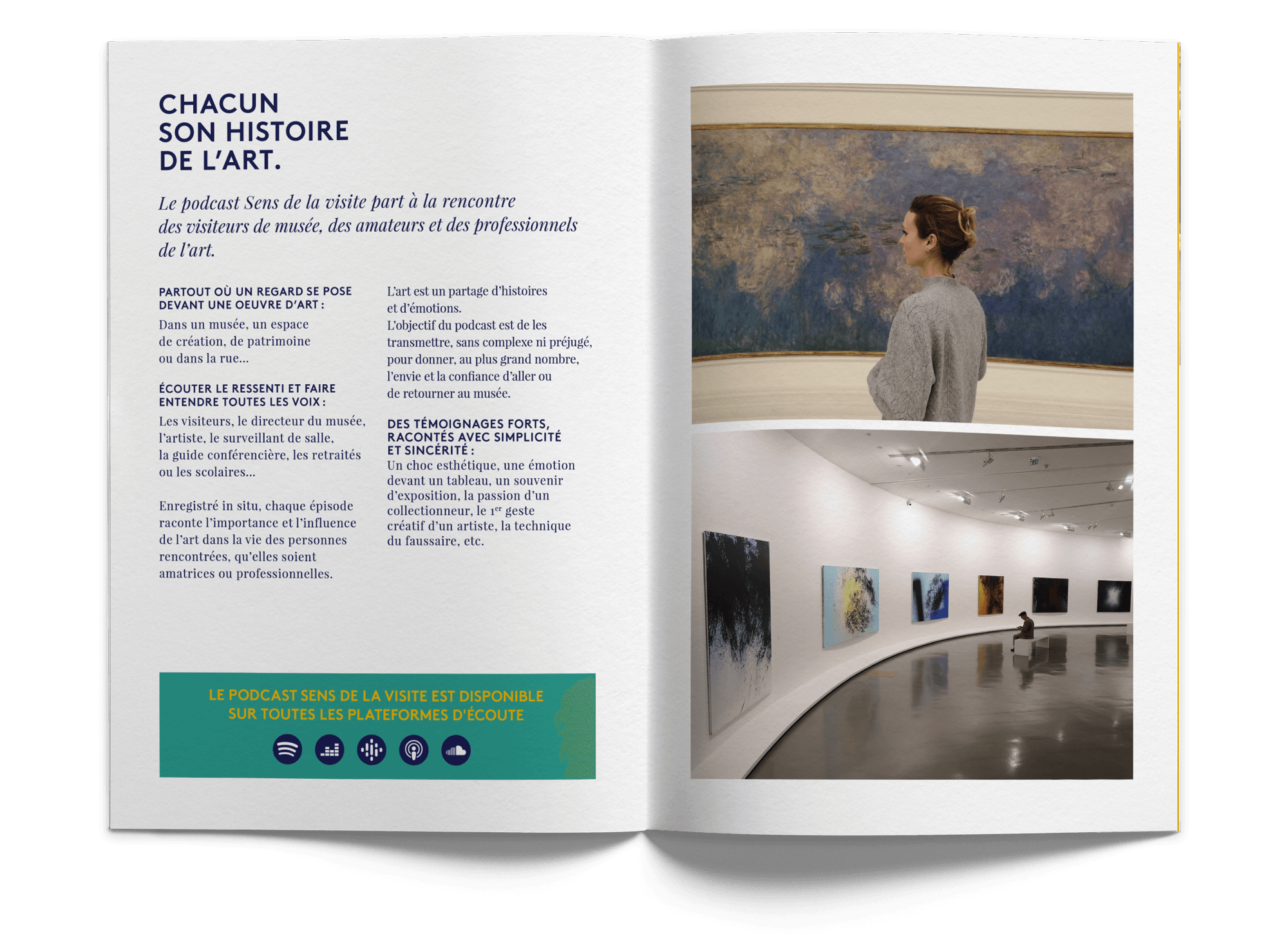 Double page du dossier de presse pour le podcast sens de la visite, maquette et mise en page Jean-Charles Abrial