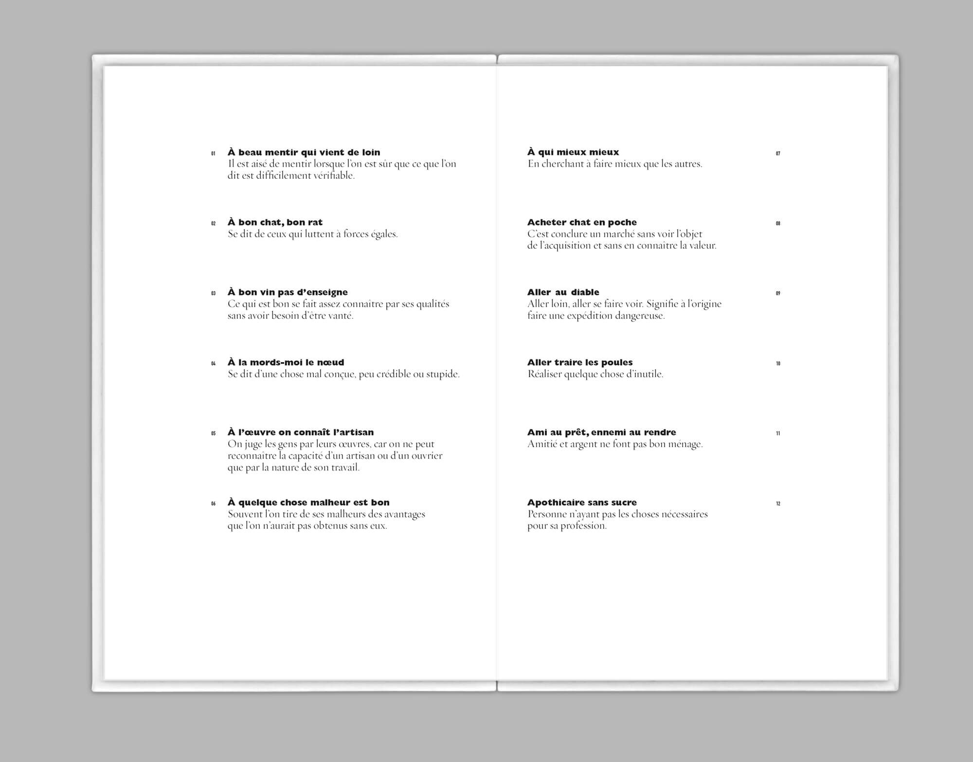 Une mise en page simple et très lisible pour un livre d'expressions populaires francaises, graphisme Jean-charles Abrial