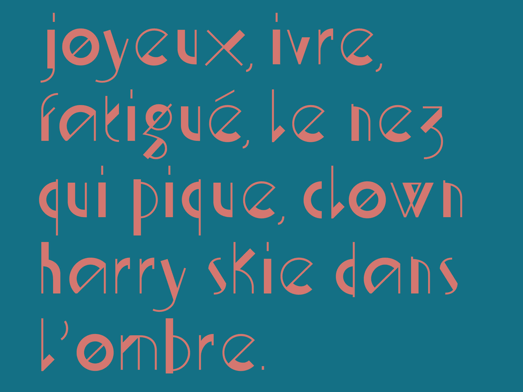 Composition d'un pangramme avec la typographie géométrique Ortaki inspiré du bauhaus et géometrique, graphisme jean-charles abrial