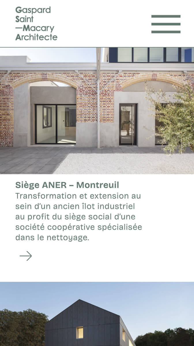 La home du site internet en version mobile de l'agence Gaspard Saint Macary Architecte, GSMA, web design et identité graphique Jean-charles Abrial