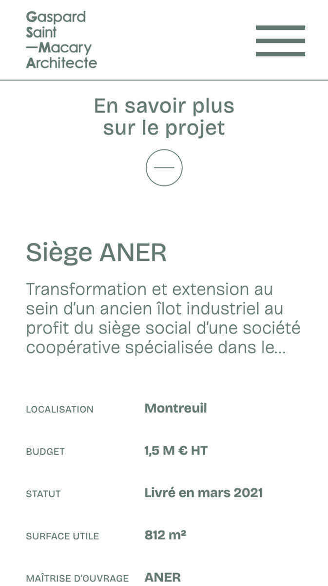 Sur mobile, les caractéristique du projet se trouve à la fin, web design jean-charles abrial