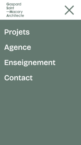 Le menu mobile du site internet de Gaspard Saint Macary Architecte, web design et identité visuelle Jean-charles Abrial