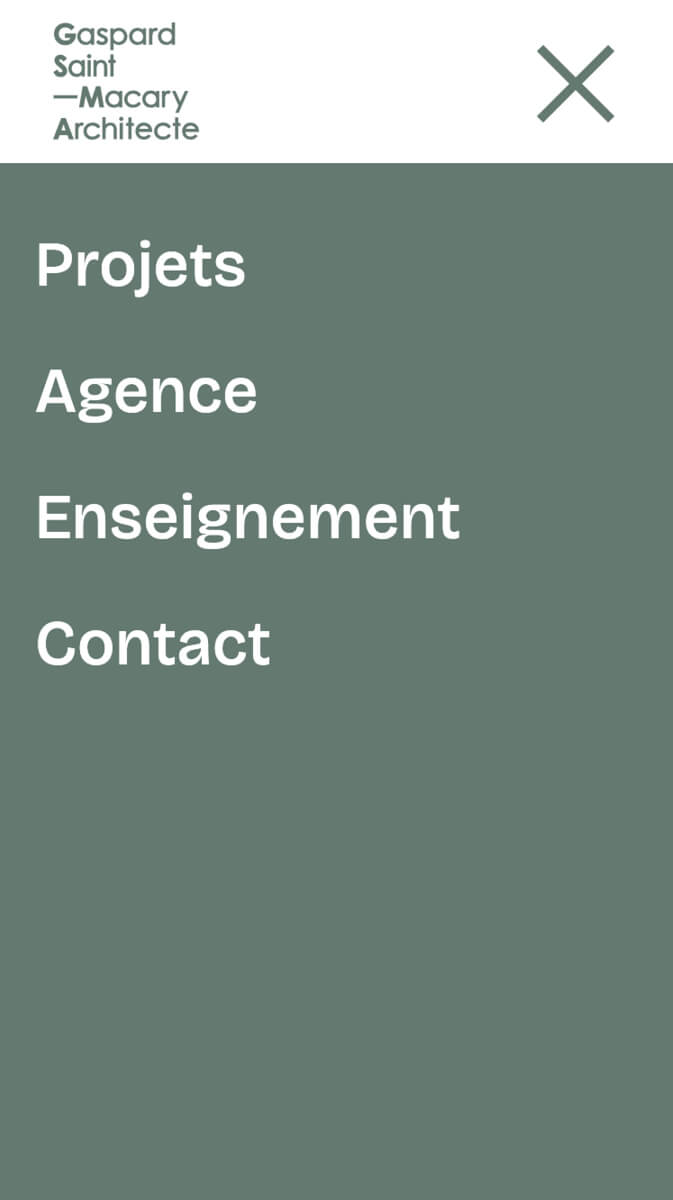 Le menu mobile du site internet de Gaspard Saint Macary Architecte, web design et identité visuelle Jean-charles Abrial