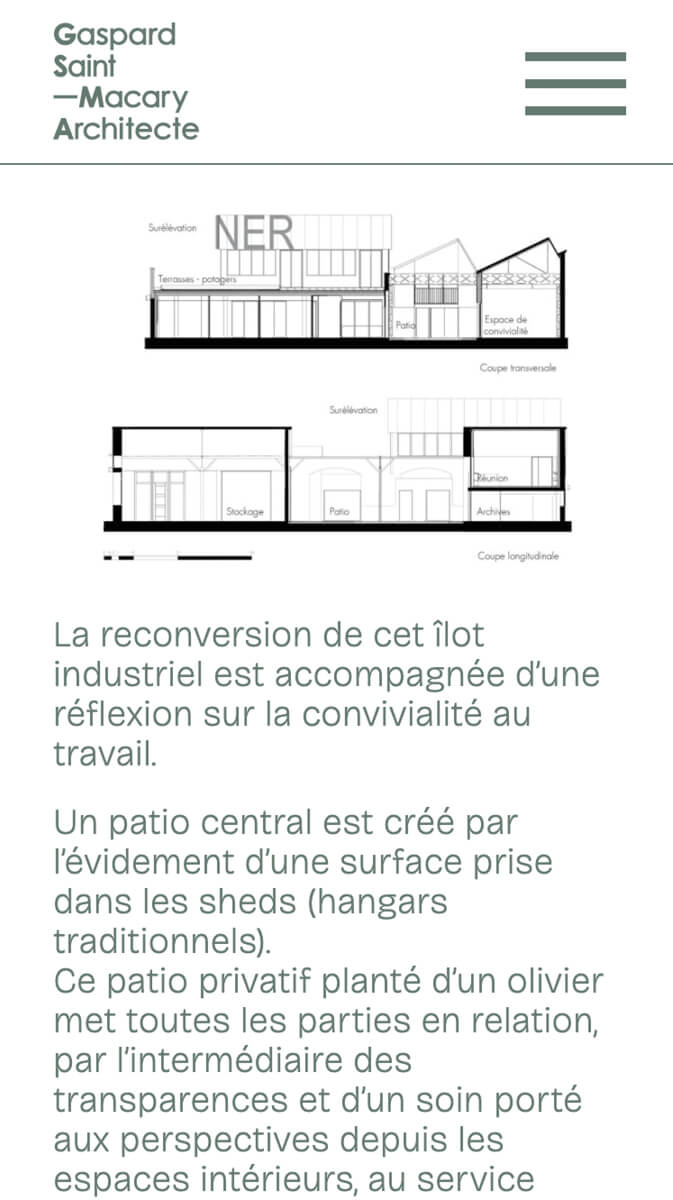 Un projet de l'agence GSMA commence par les coupe ou plan avant de présenter les photos des projets, design Jean-charles abrial