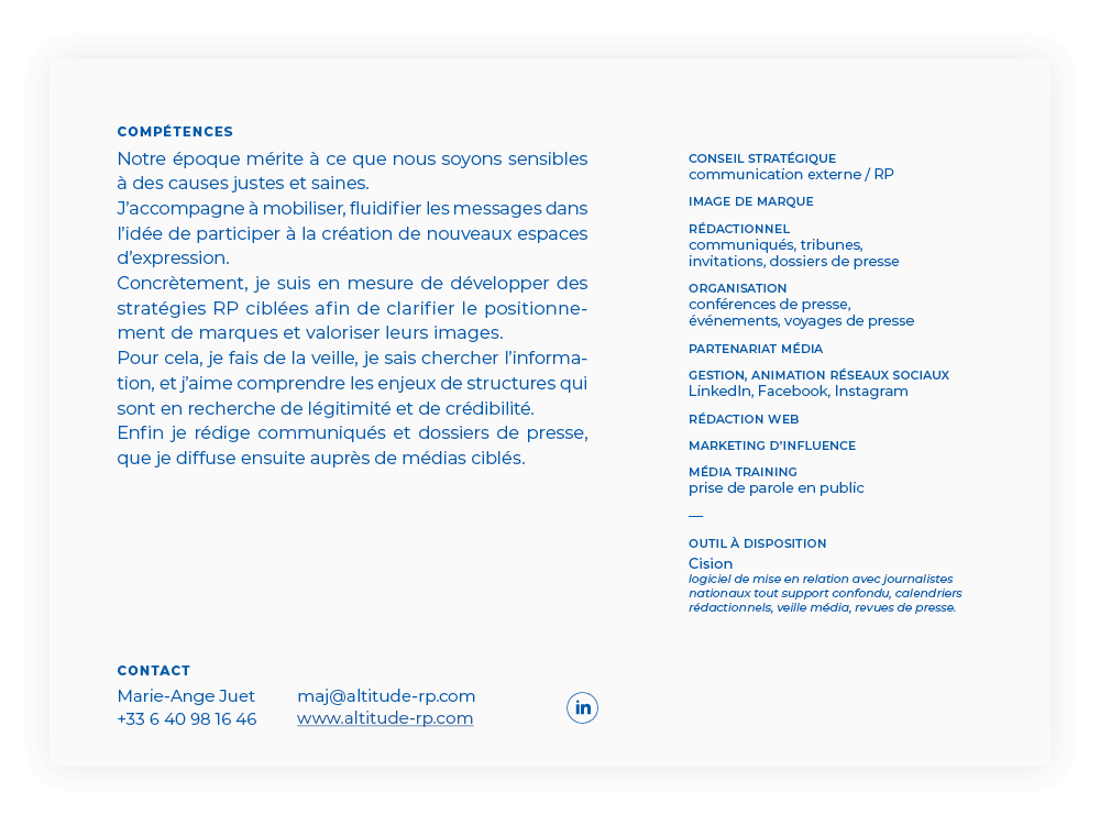 CV et brochure de l'agence Altitude qui présente les competences de Marie-Ange Juet, fondatrice d'Altitude, relation média, design editorial Jean-Charles Abrial