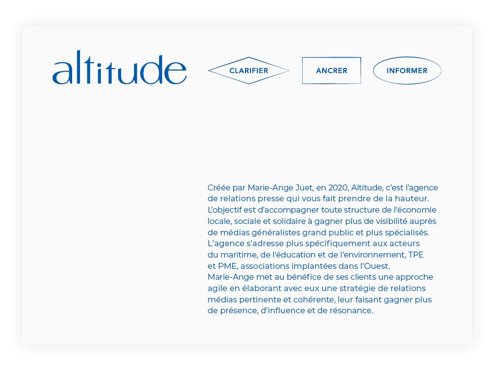 Couverture de la brochure de présentation de l'agence Altitude fondée par Marie-Ange Juet, design graphique et identité visuelle Jean-Charles Abrial