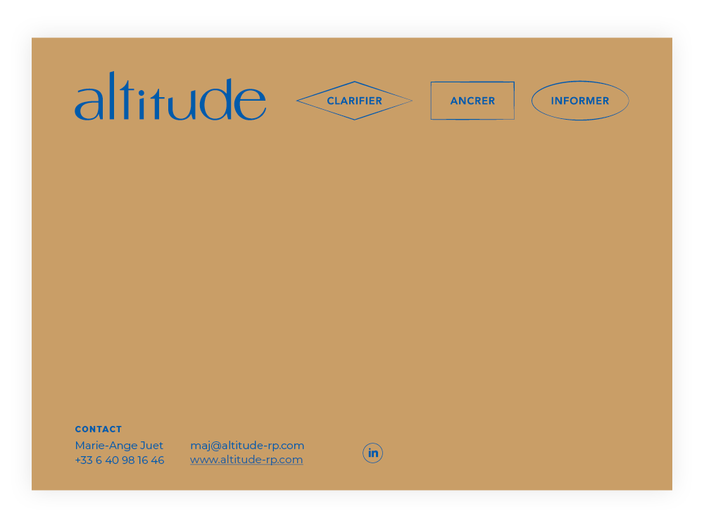 4e de couverture de la brochure de présentation/CV de l'agence Altitude fondée par Marie-Ange Juet, design graphique et identité visuelle Jean-Charles Abrial