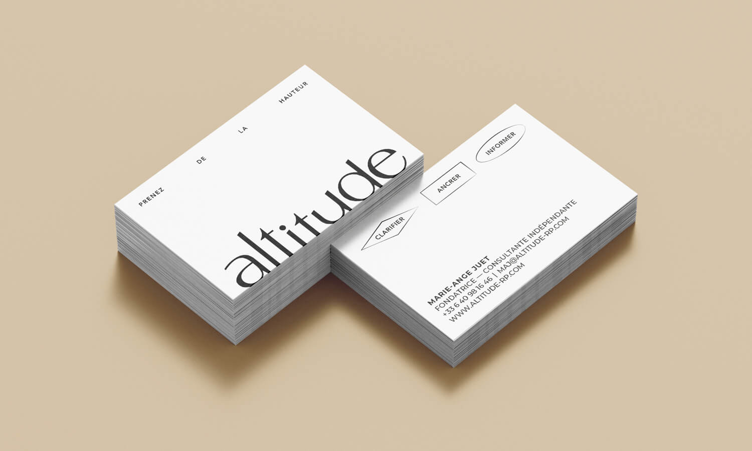 Les carte de visites de l'agence Altitude, relation media à Lorient, fondé par Marie-Ange Juet, design Jean-charles Abrial