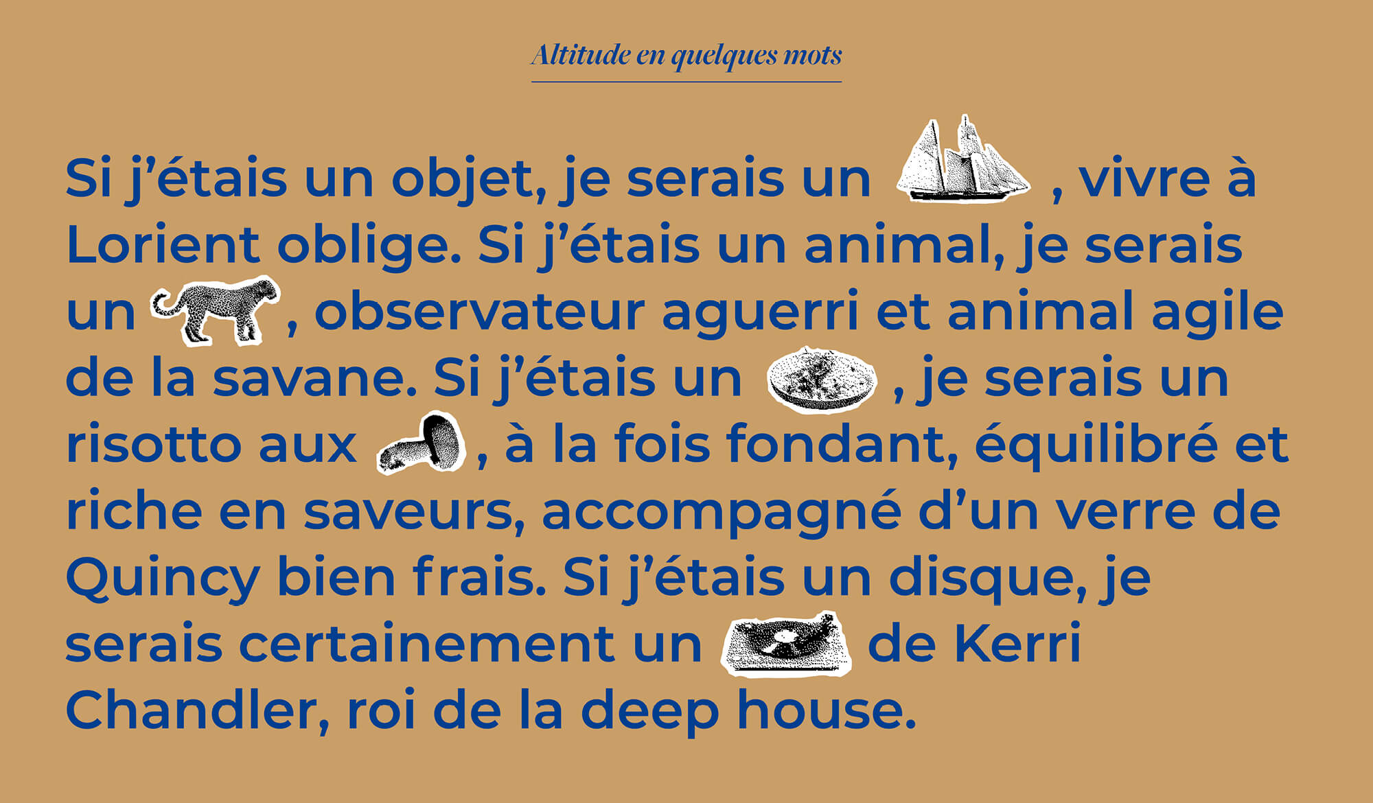 Marie-Ange Juet, la fondatrice de l'agence Altitude se présente de manière humoristique sur son site internet, direction artistique Jean-Charles Abrial