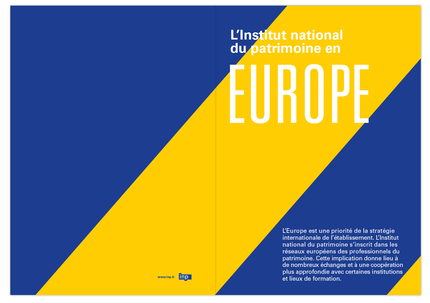 Couverture de la double fiche imprimé valorisant les actions de l'institut national du patrimoine, Inp, en Europe, graphisme Jean-charles Abrial