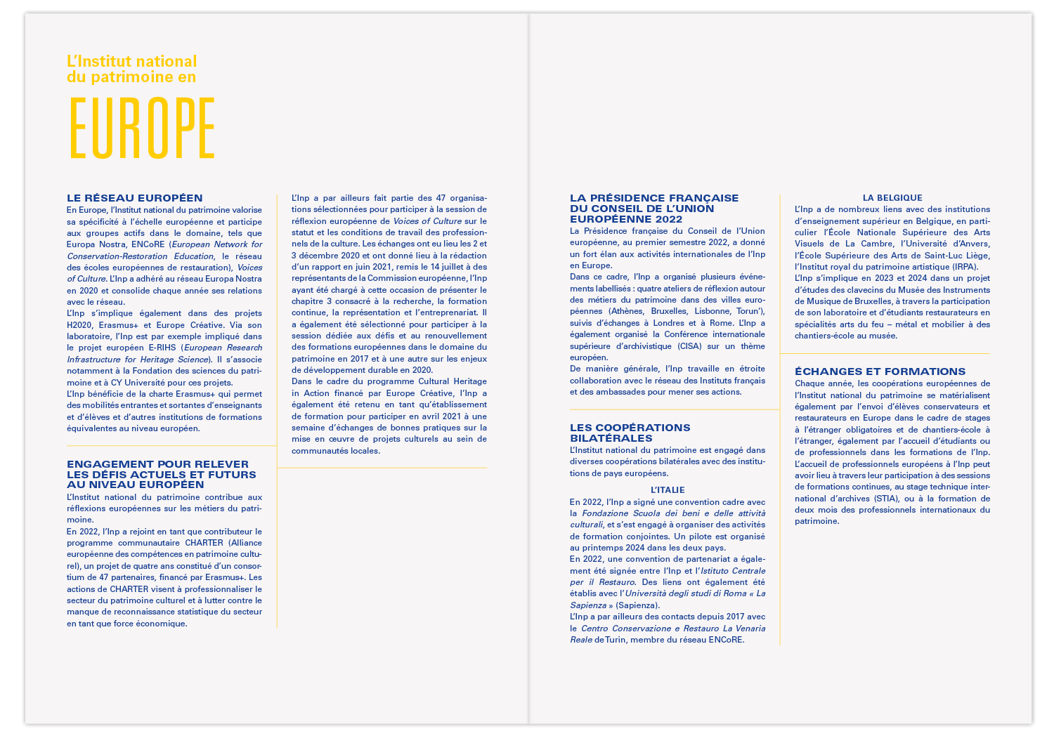 Mise en page graphique de l'intérieur de la double fiche de l'institut national du patrimoine en chine, pochette institutionnelle Jean-charles Abrial