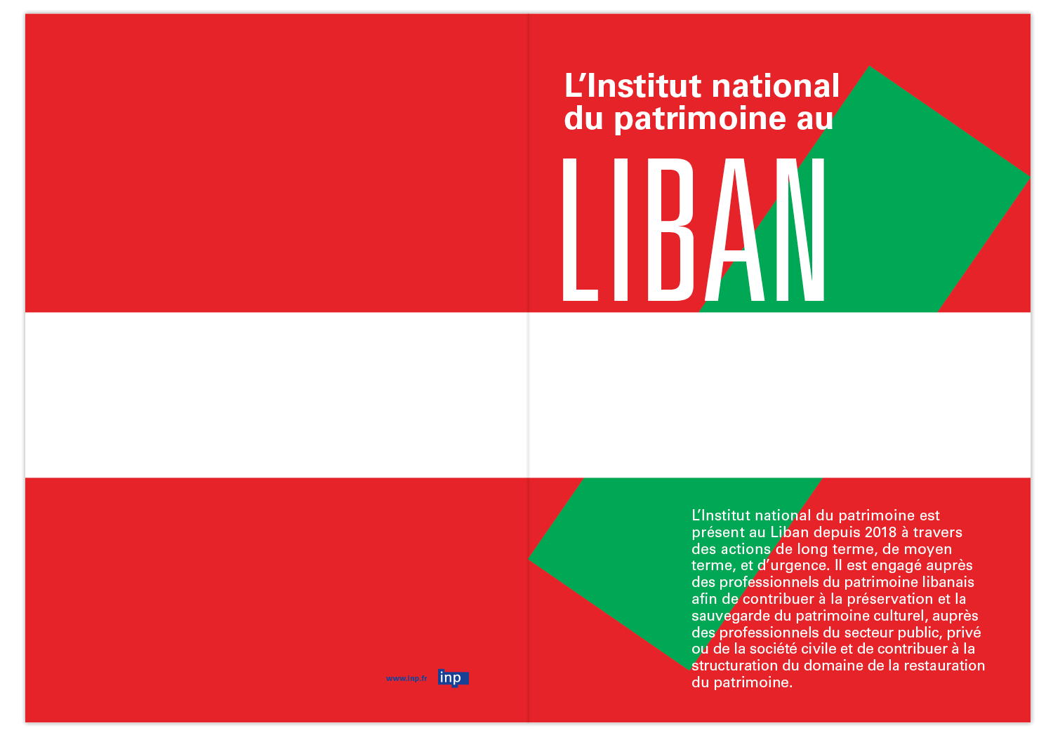 Couverture de la double fiche print valorisant les action de l'institut national du patrimoine au Liban, design graphique et édition Jean-charles Abrial
