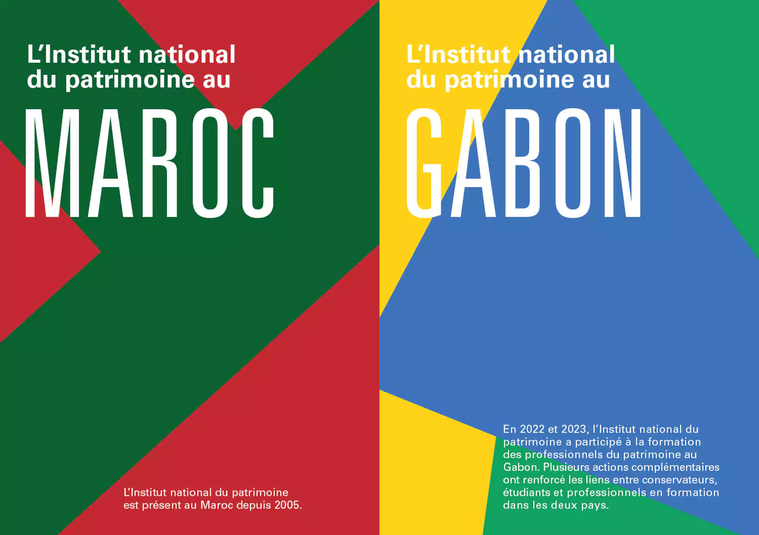 Une proposition très graphique pour la couverture des fiches Maroc et Gabon pour les actions de l'Institut national du patrimoine à l’étranger, design graphique Jean-charles abrial 