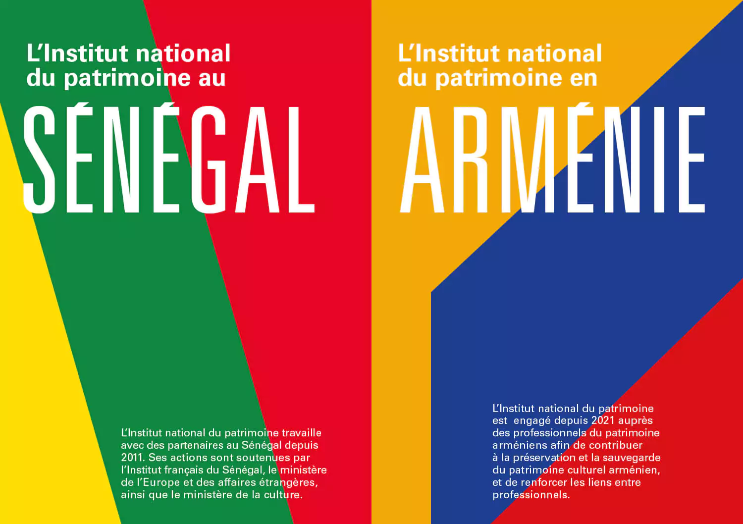 Une proposition très graphique pour la couverture des fiches Sénégal et Arménie pour les actions de l'Institut national du patrimoine à l’étranger, mise en page et direction artistique Jean-charles abrial 