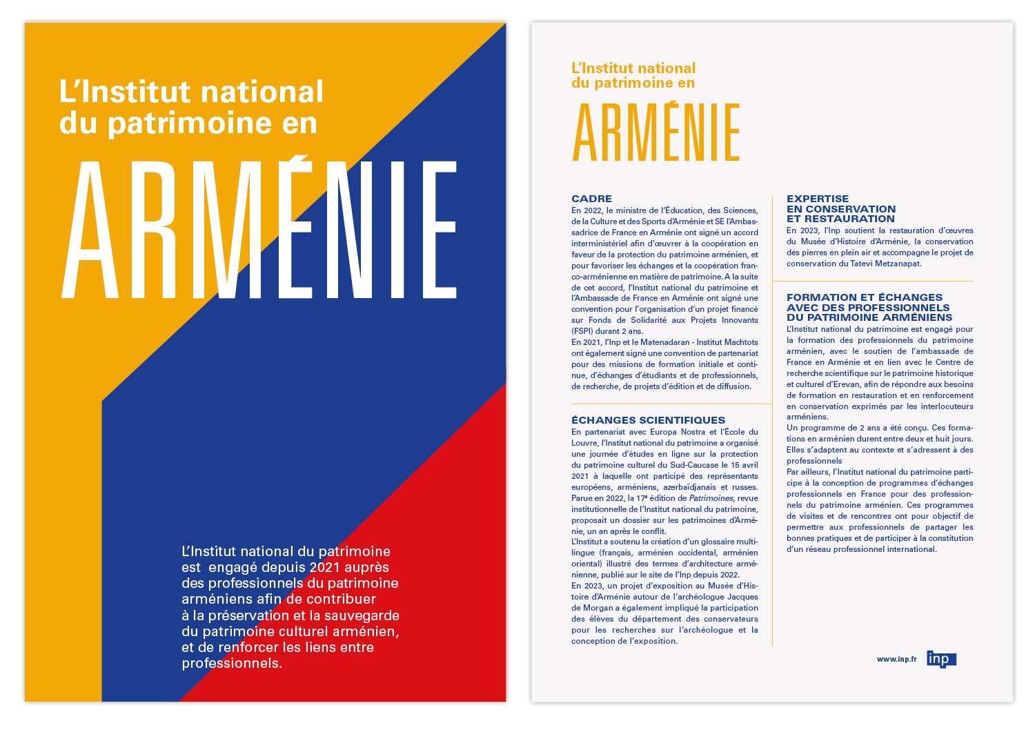 Fiche de L'institut national du patrimoine sur leurs action en Arménie, design graphique Jean-charles Abrial