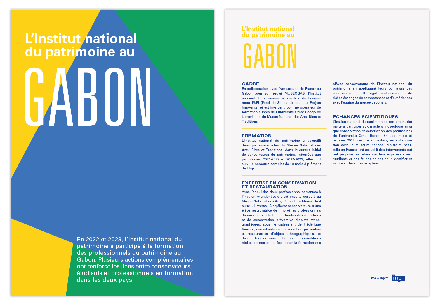 Maquette et grille de mise en page pour la Fiche de L'institut national du patrimoine sur leurs actions au Gabon, graphiste Jean-charles Abrial