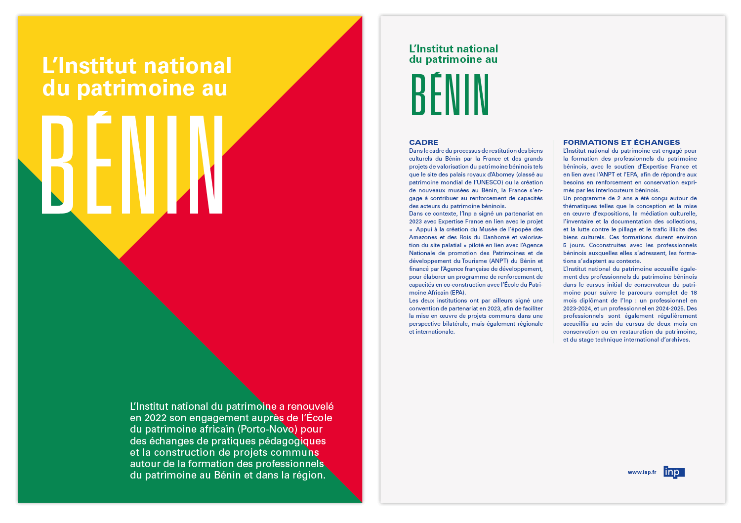 Proposition de grille de mise en page avec forme graphique coloré pour les actions de L'Inp, institut national du patrimoine à l'international, design graphique Jean-charles