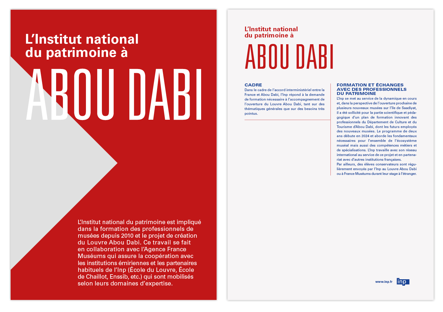 Design graphique de la fiche mettant en avant les actions du L'Inp à l'international, edition Jean-Charles Abrial