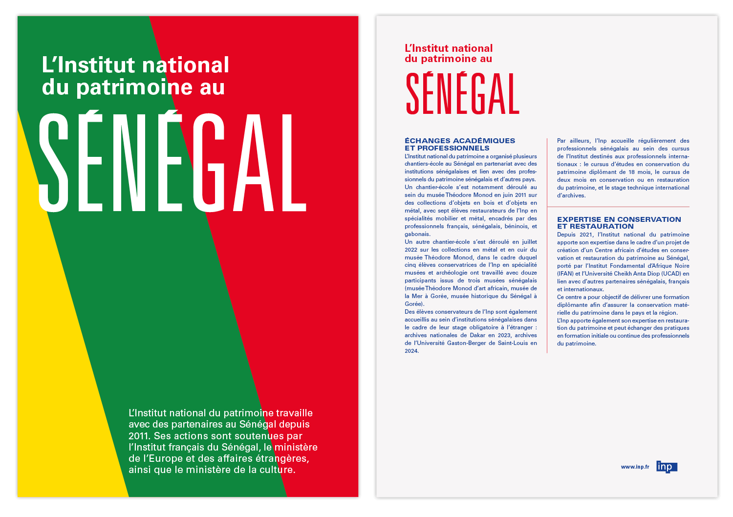 Fiche de L'institut national du patrimoine sur leurs actions au Sénégal, design graphique Jean-charles Abrial