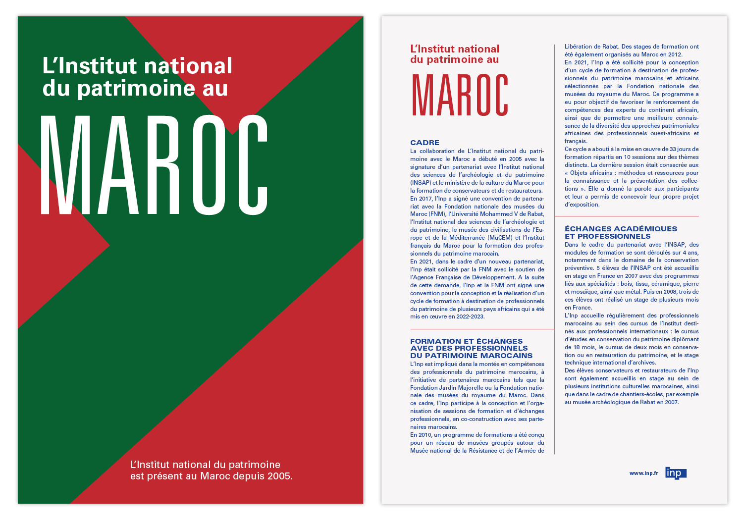 Maquette et grille de mise en page pour la Fiche de L'institut national du patrimoine sur leurs actions au Maroc, graphiste Jean-charles Abrial