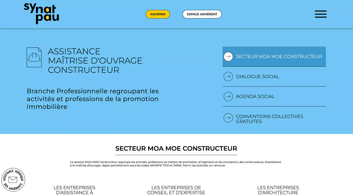 Chaque secteur du site web du synatpau est représenté par une couleur, bleu pour l'assistance maitrise d'ouvrage, identité graphique par Jean-charles abrial