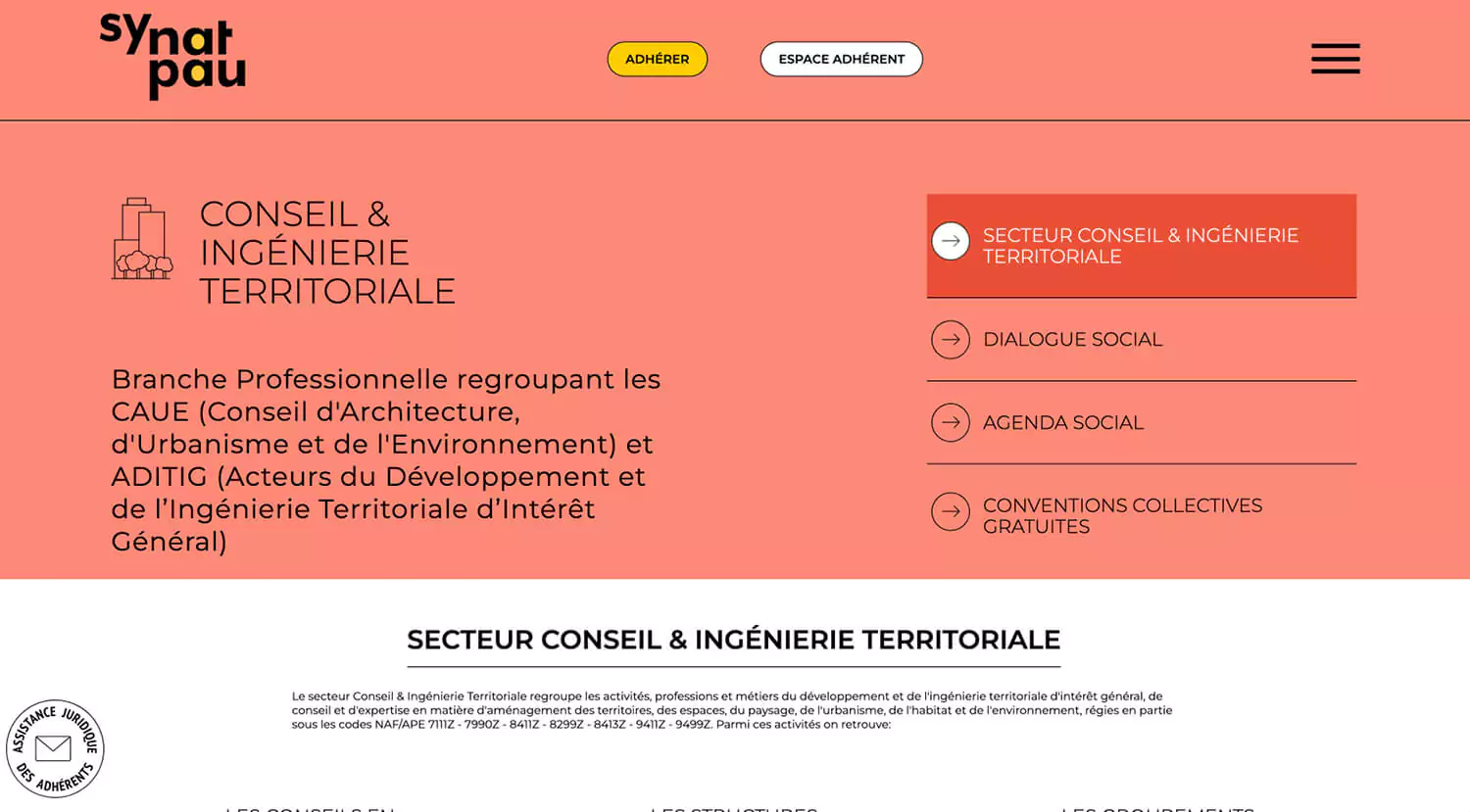 Chaque secteur du site web du synatpau est représenté par une couleur, rouge pour le conseil et ingénierie territoriale, identité graphique par Jean-charles abrial