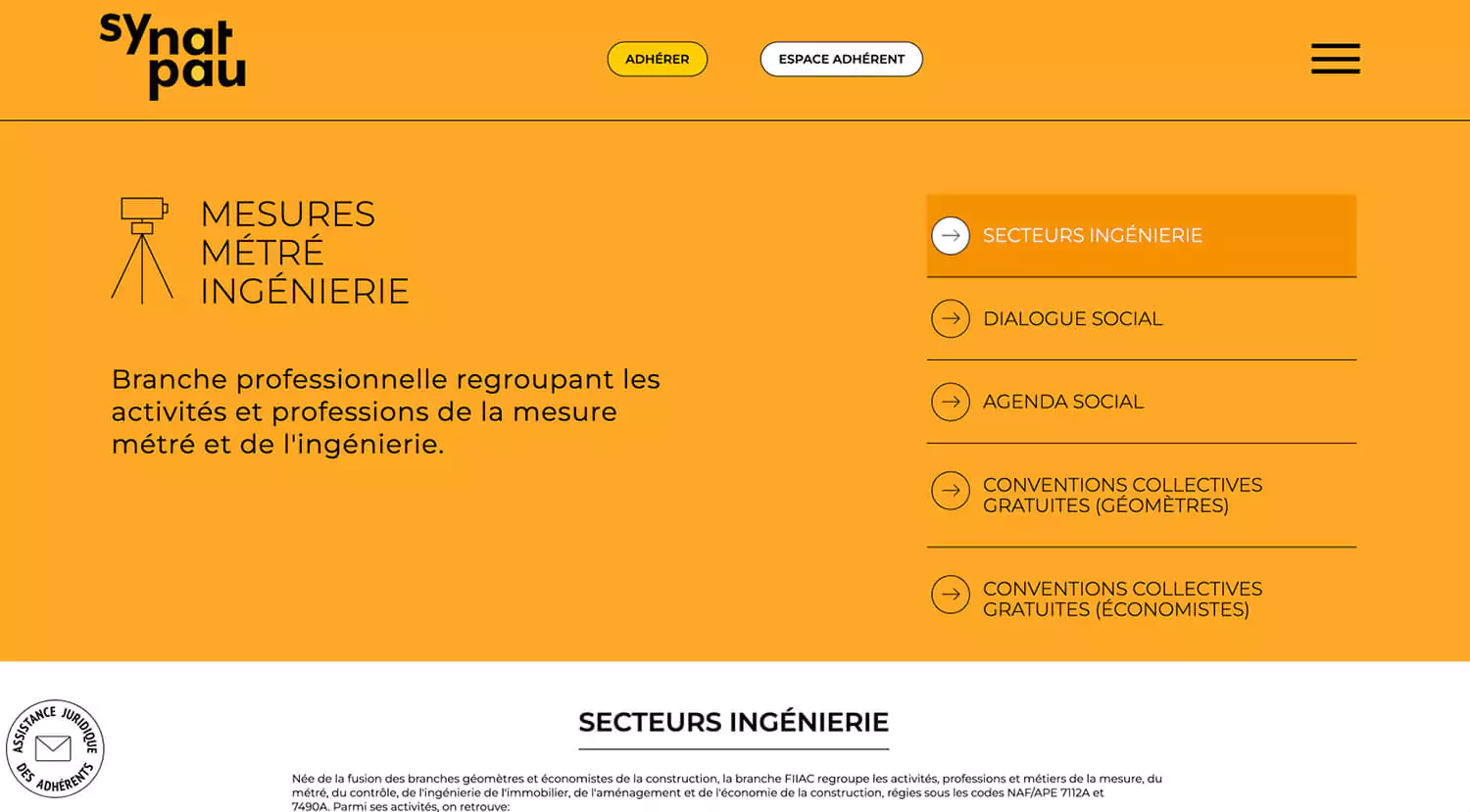 Chaque secteur du site web du synatpau est représenté par une couleur, orange pour mesures métré ingénierie, identité graphique par Jean-charles abrial