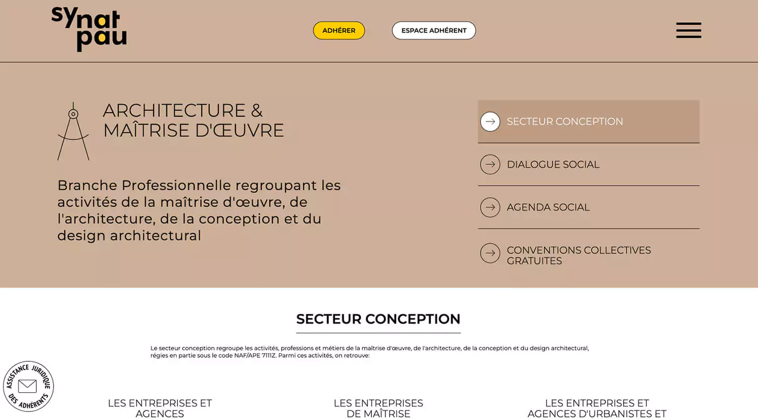 Chaque secteur du site web du synatpau est représenté par une couleur, brun pour architecture et maitrise d'œuvre, identité graphique par Jean-charles abrial