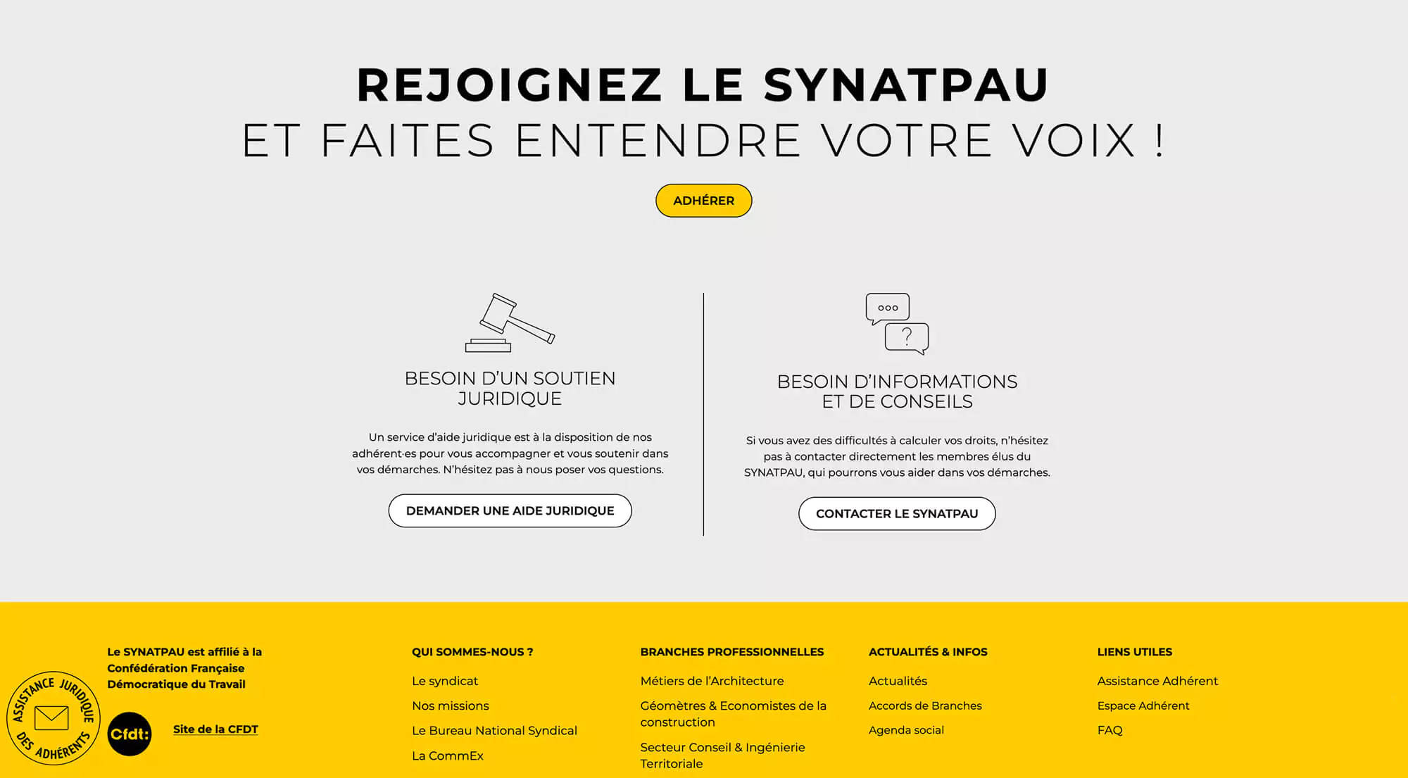 Le design graphique du footer du site web du synatpau est clair et épuré pour facilité l'information, direction artistique Jean-Charles Abrial