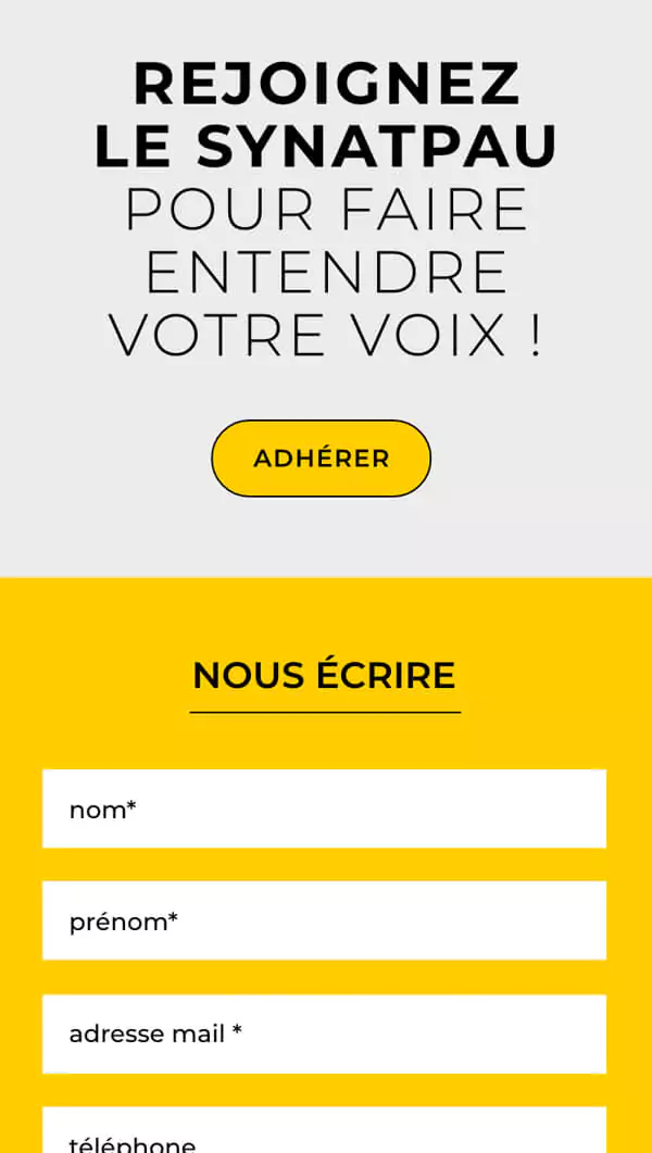 Version mobile du site web du Synatpau, formulaire de contact pour faire entendre votre voix, design web jean-charles abrial