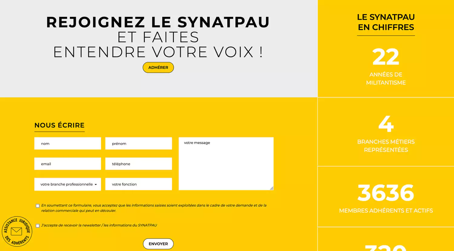 Home page du site internet du Synatpau reprenant l'identité graphique et le couleur jaune, design web jean-charles abrial