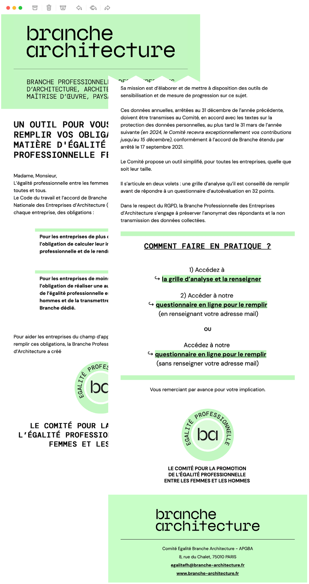 Le template de la campagne e-mailing pour la branche architecture, graphiste Jean-charles Abrial