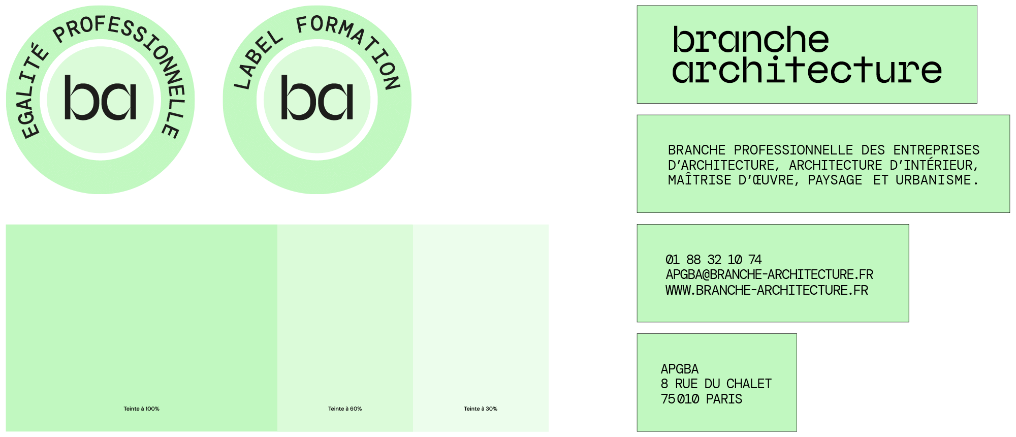 Les éléments, logo, couleur, de la charte graphique de branche architecture, graphiste Jean-Charles abrial