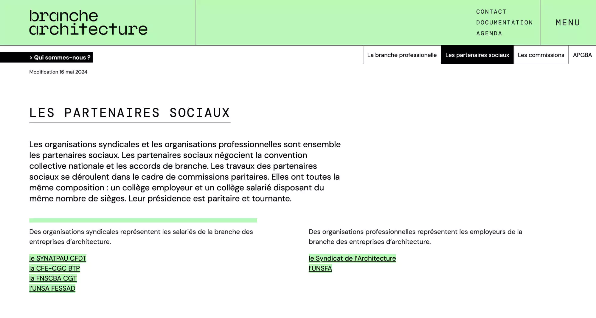 La page partenaire sociaux du site internet institutionnelle de branche architecture, design épuré du site web Jean-Charles Abrial