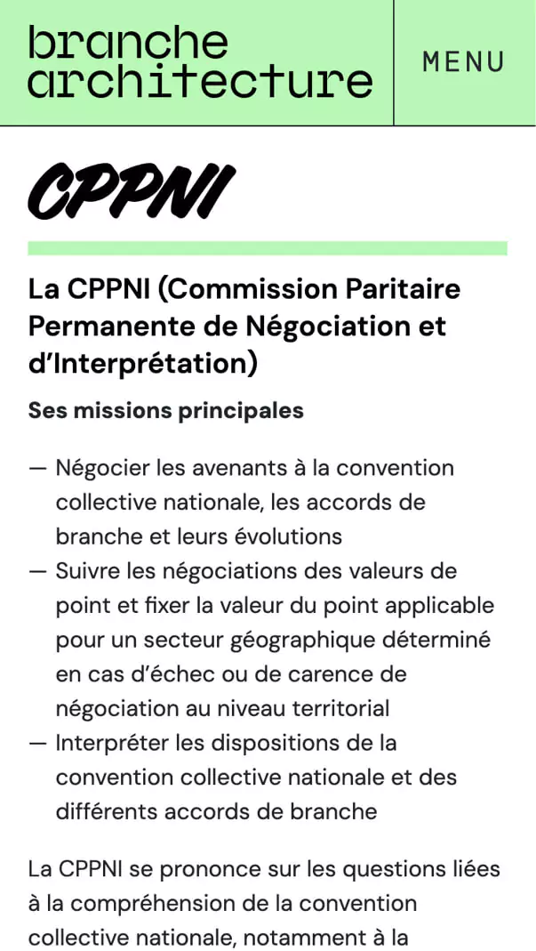 Web design du site internet pour la page des conventions collective du site de la branche architecture, graphisme Jean-charles Abrial