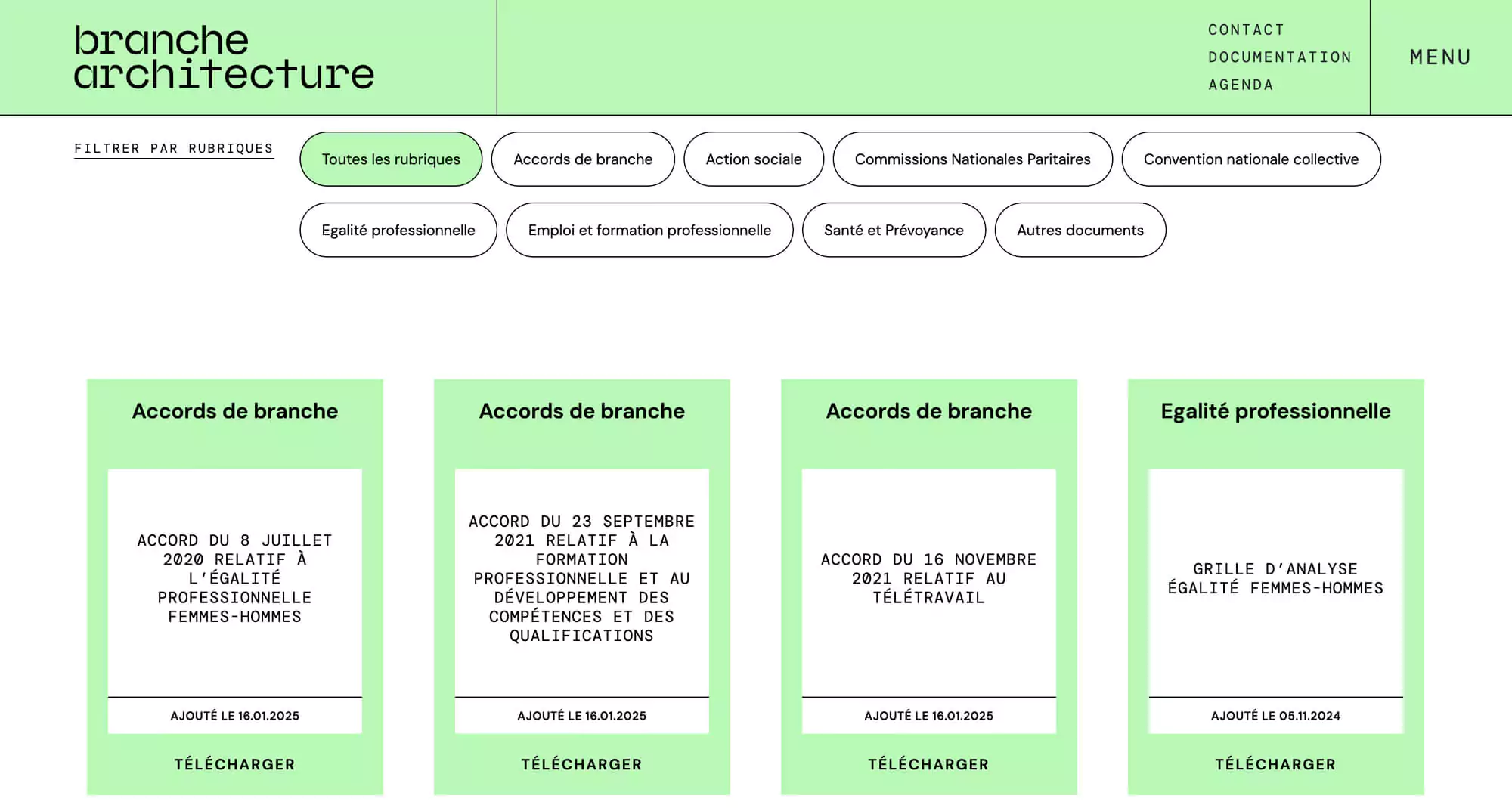 La page documents avec les filtres pour trier les différents PDF de la branche architecture, design épuré du site internet Jean-Charles Abrial