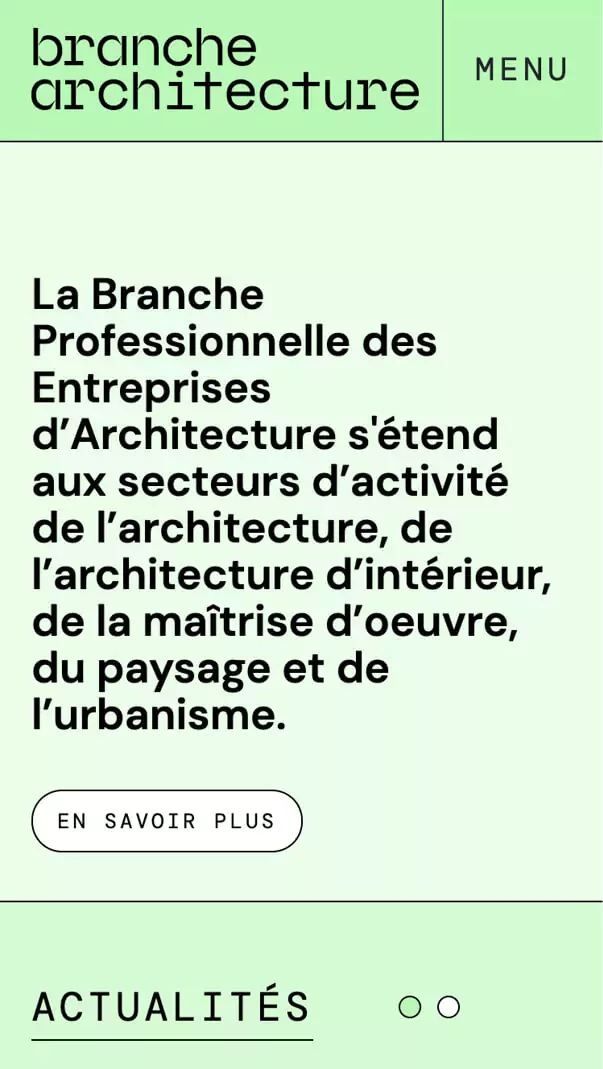 La home page du site internet institutionnelle de branche architecture en version responsive mobile, web design Jean-Charles Abrial