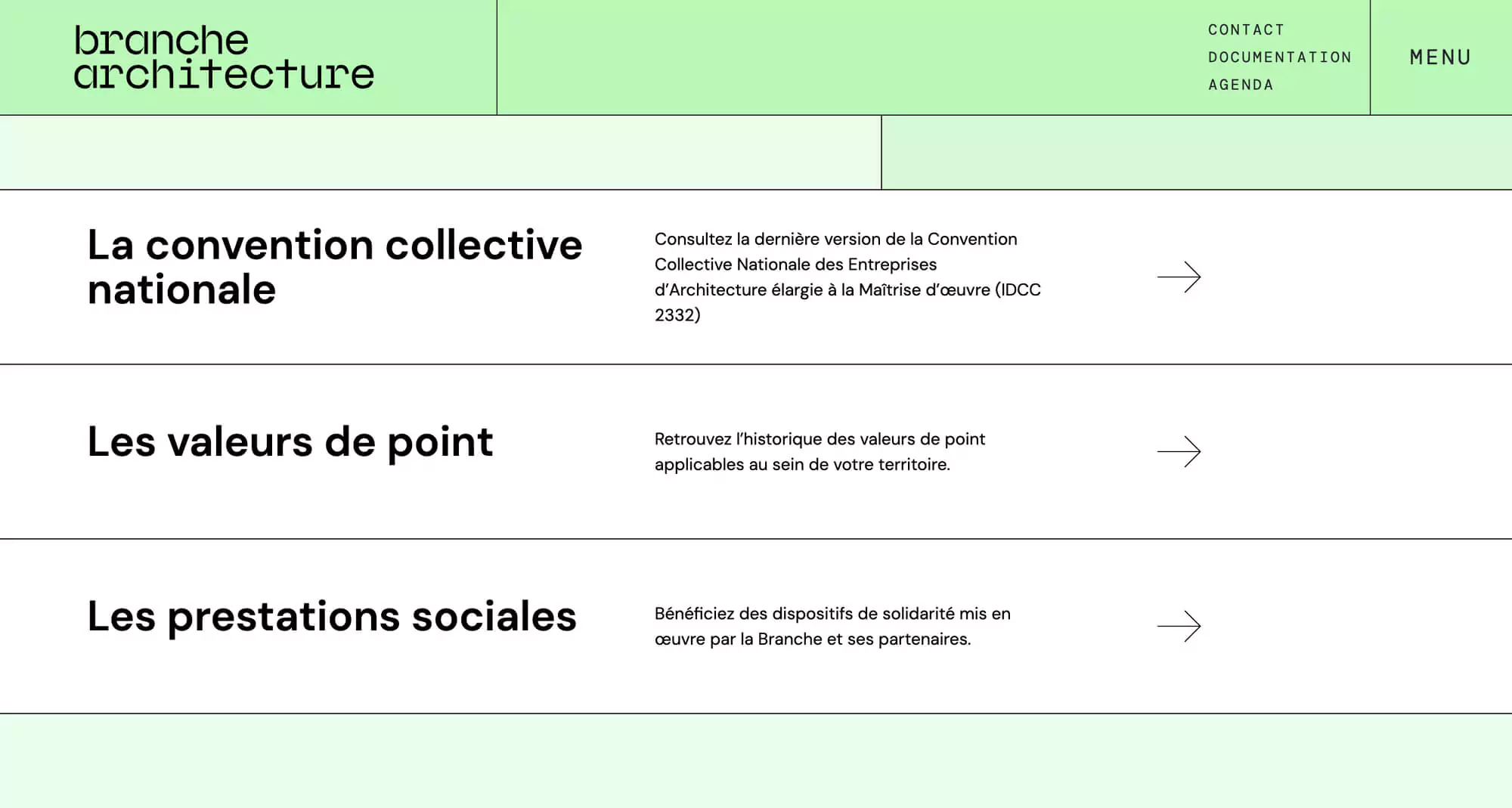 Le menu secondaire de la home page du site internet institutionnelle de branche architecture, design graphique moderne Jean-Charles Abrial