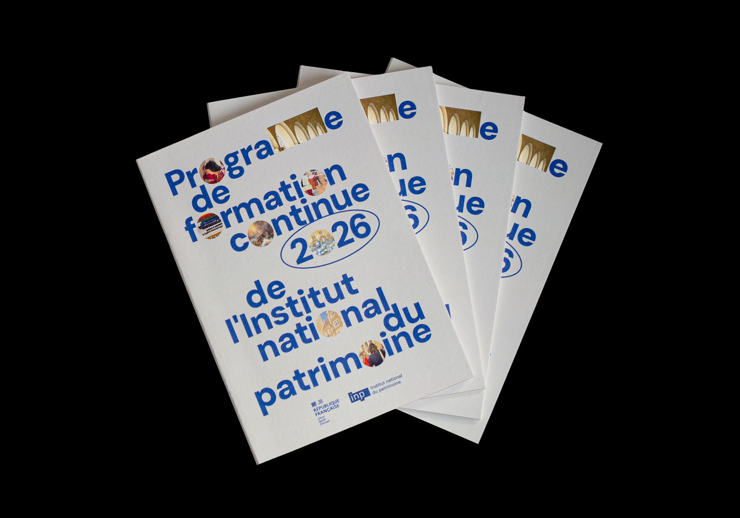 Photo de 4 couverture du livret de formation continue 2026 de l'Institut national du patrimoine - Inp, design Jean-Charles Abrial 
