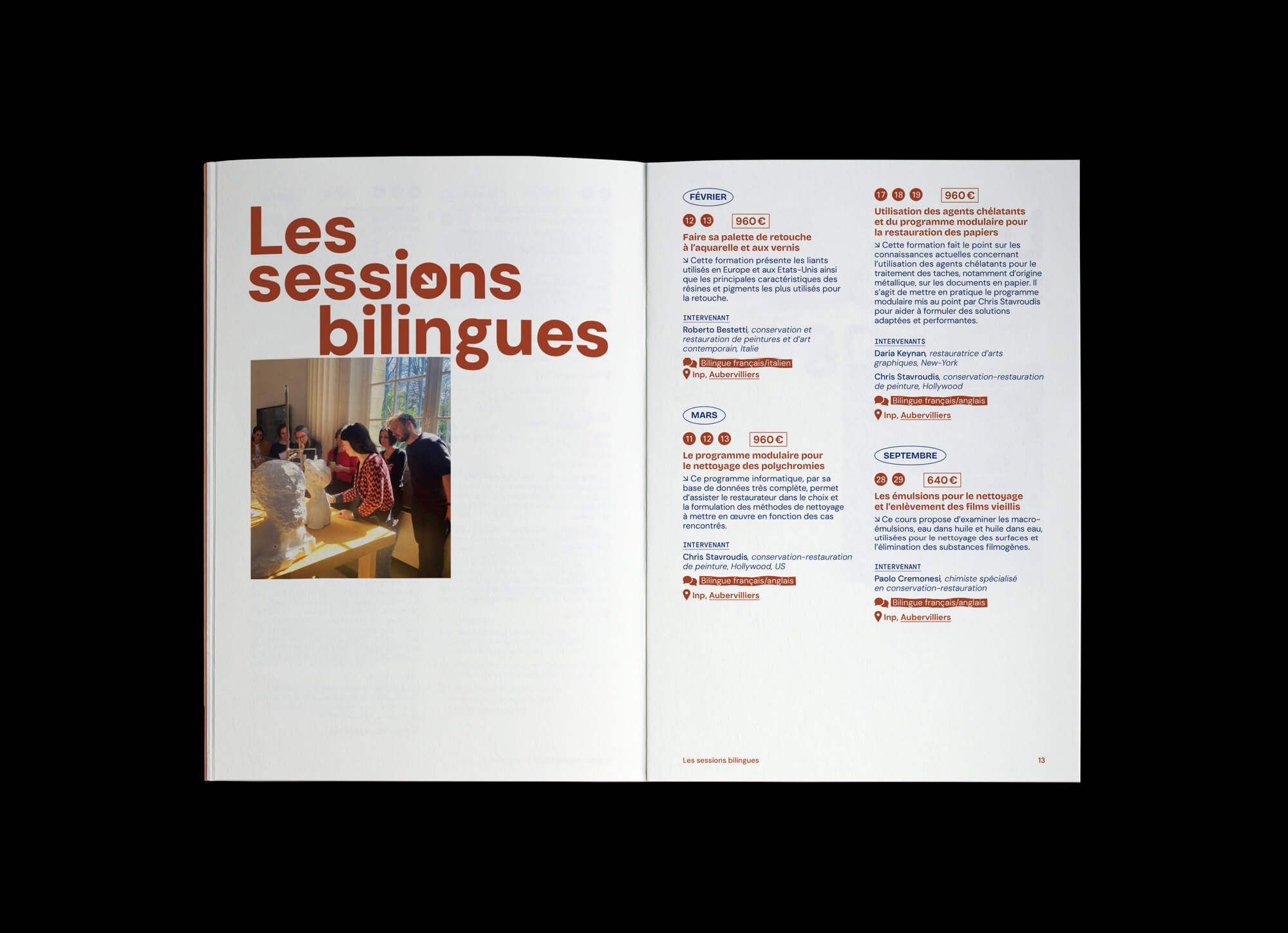 La section Sessions bilingue du livret 2026 de l'Inp, institut national du patrimoine, mise ne page des formation graphisme et mise en page Jean-Charles Abrial
