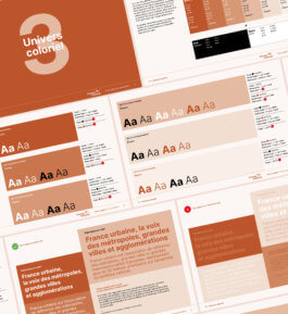 Pages de la charte graphique de France urbaine présentant l'univers coloriel, la palette terracotta et la hiérarchie typographique, design Jean-Charles Abrial