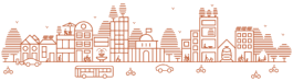 Illustration au trait d'une skyline urbaine avec bus, cyclistes et passants, élément graphique de l'identité visuelle de France urbaine, Jean-Charles Abrial